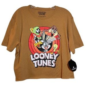 Looney Tunes Juniors Short Sleeved Cropped Characters Tee in Tan Brown XL NWT